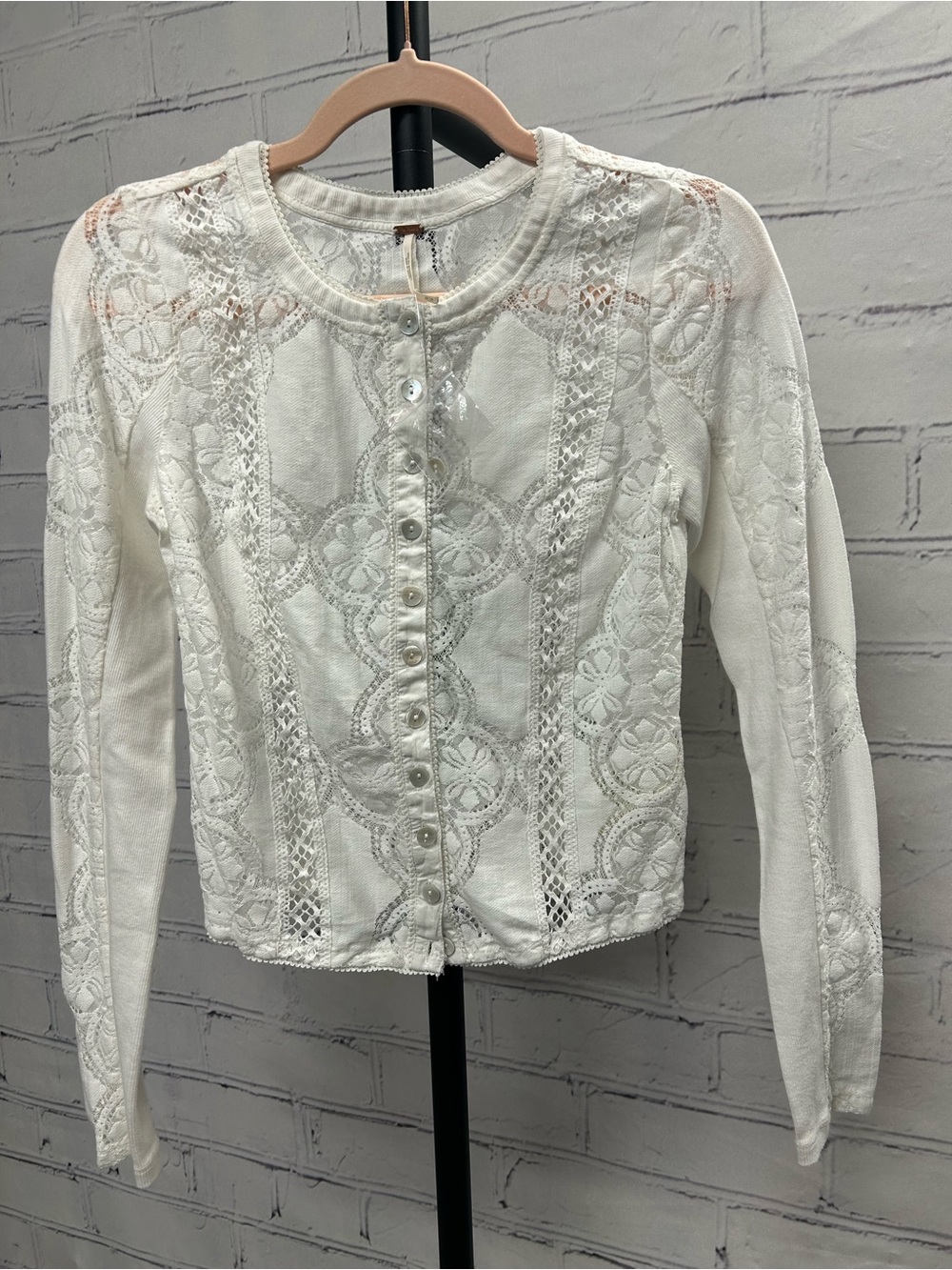 Free people White Lace-Panel Button Front Long Sleeve Top
